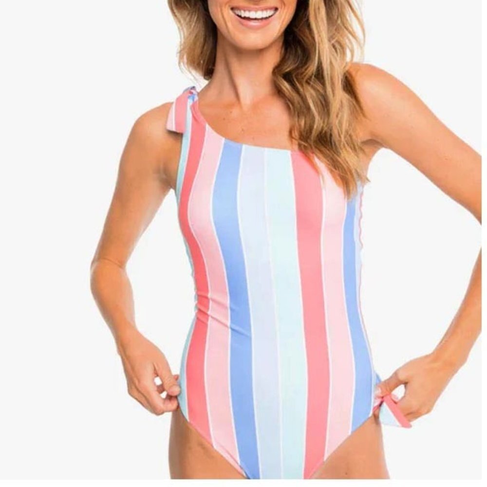NWT Southern Tide Women's Sunny Days Stripe One Piece Swimsuit - Flamingo Pink M